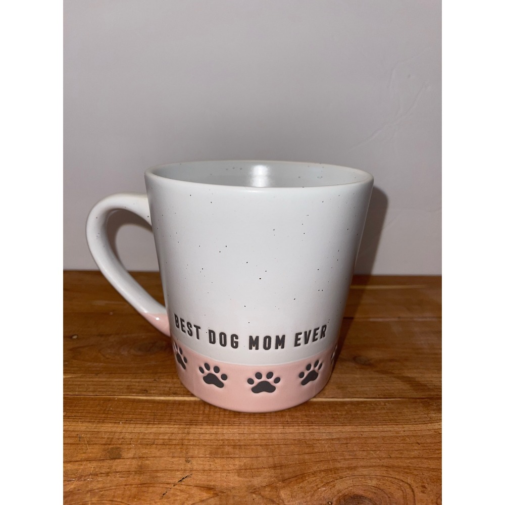 Best Dog Mom Ever Speckled Ceramic Coffee Mug Pink Paw Prints White 4.5in